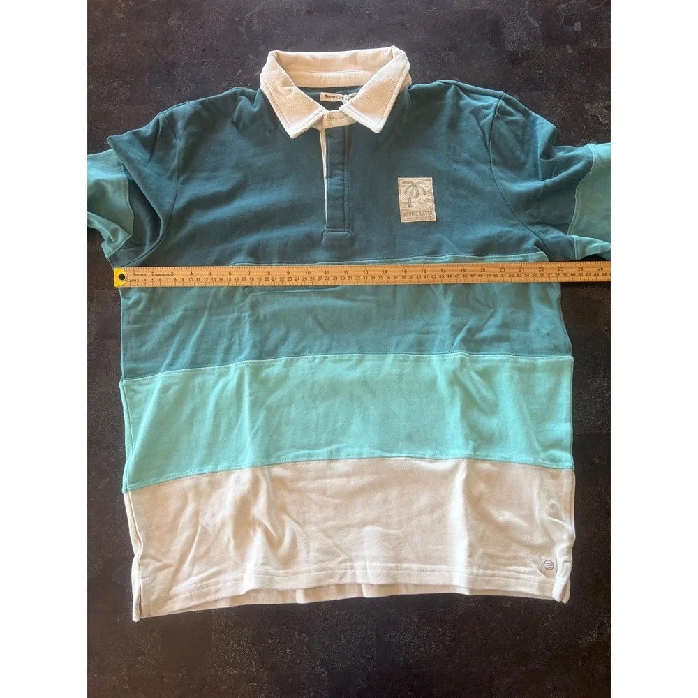 Marine Layer Men M/L Green Colorblock Rugby Shirt Corduroy Collar LongSleeve New